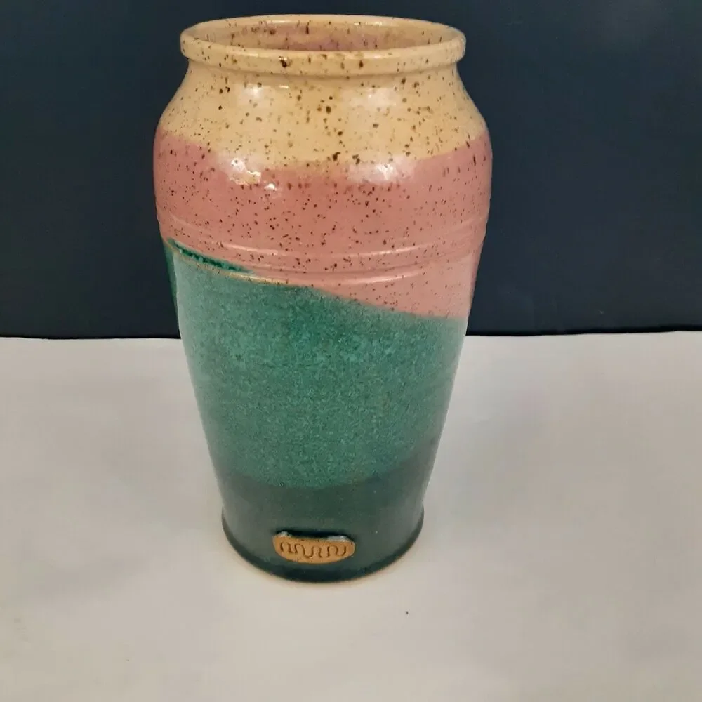 Vintage Stamped Stoneware Vase Art Deco Vibe,Feminine,Pastels